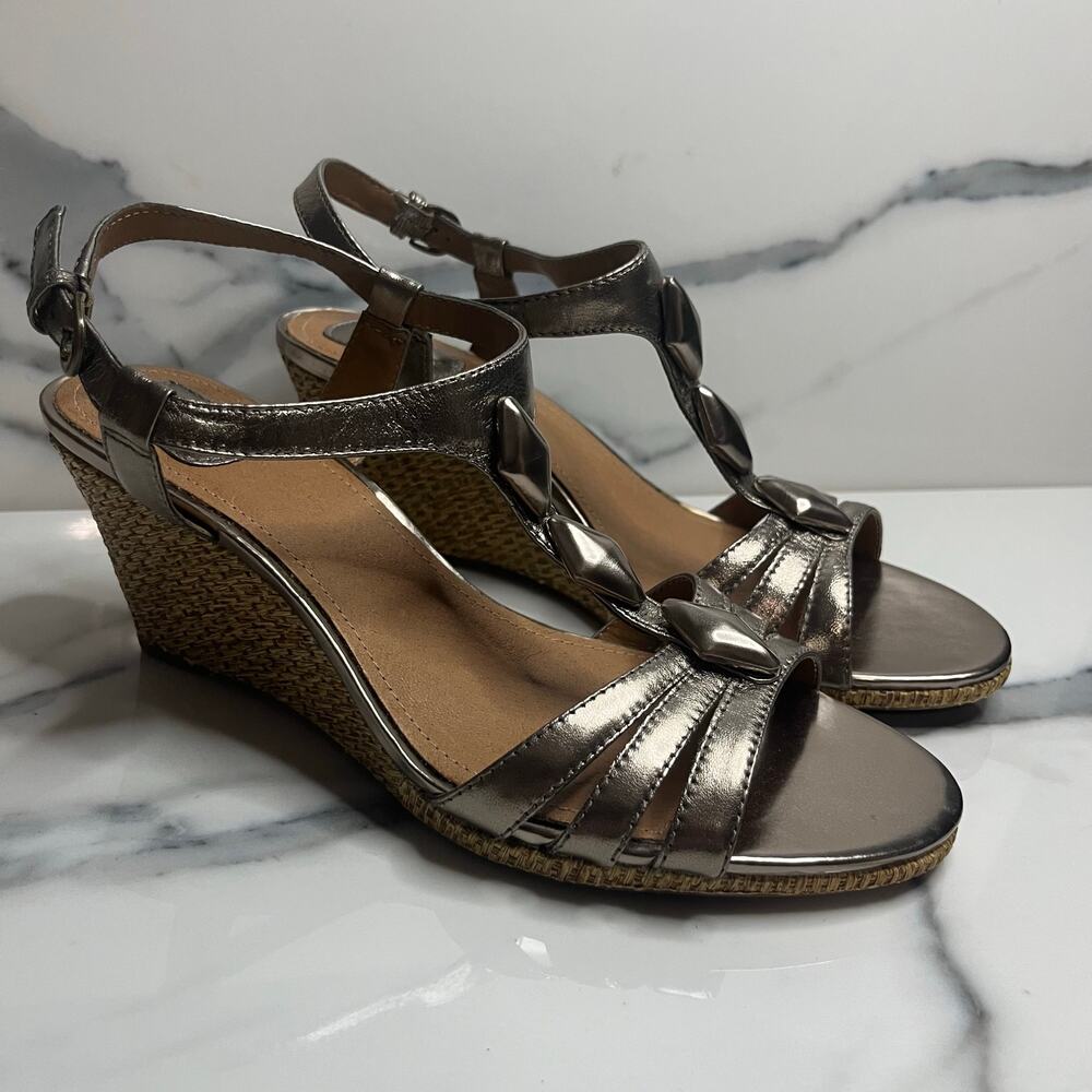 Clarks Women's Metallic Leather Strappy Summer Laguna Jewel Wedge Sandals Sz 9